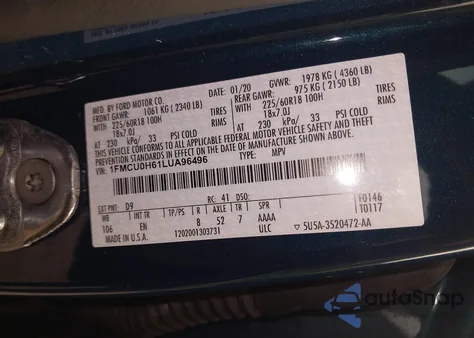 2020 Ford Escape Sel из США, поврежденный, VIN 1FMCU0H61LUA96496